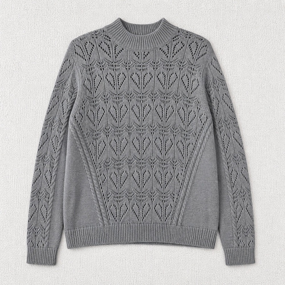 Loft Gray Pointelle Heart Knit Mock Neck‎ Sweater XL Long Sleeve Cotton Blend